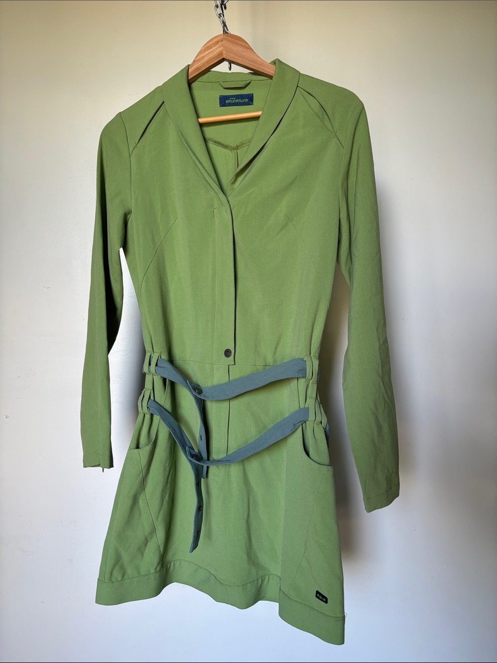 Y2K Vintage Skunkfunk Olive Green Long Sleeve Mini Dress Blue-Grey Belts